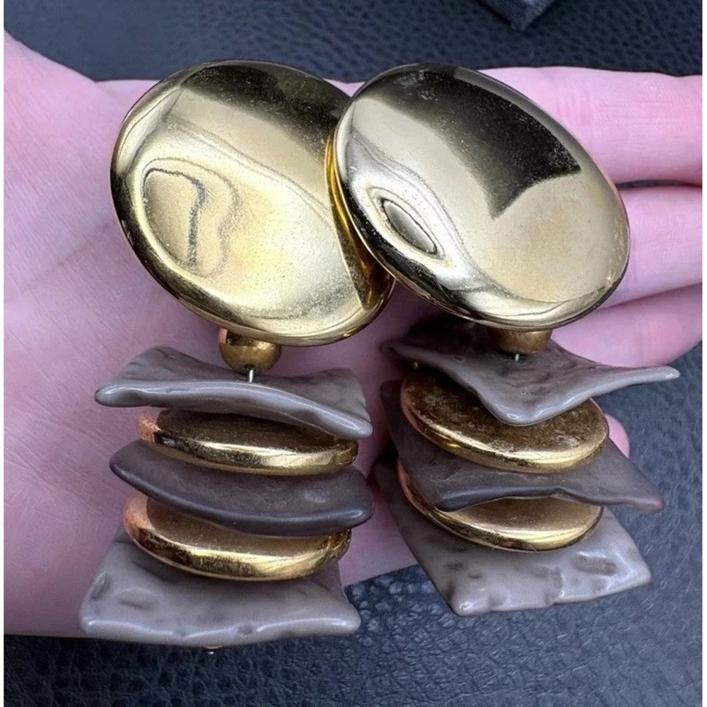 Vintage 80s Huge Runway Bold Dangle Drop Clip Earrings Gold Tone